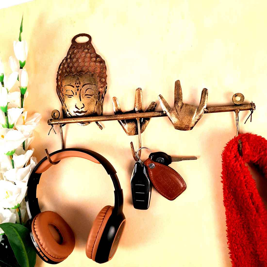 Key Holder Wall Hanger | Key Hanging Organizer Stand - Buddha Design | Key Hook Hanging Wall Mount - For Home, Entrance, Office Decor & Gifts - 14 Inch (3 Hooks)