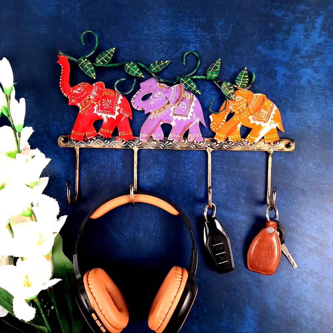 Key Holder Wall Hanger | Key Hanging Organizer Stand - Elephant Design| Key Hook Hanging Wall Mount - For Home, Entrance, Office Decor & Gifts - 11 inch (4 Hooks)