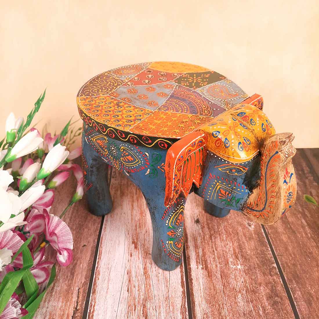 Wooden Elephant Stool- Apkamart #color_Blue