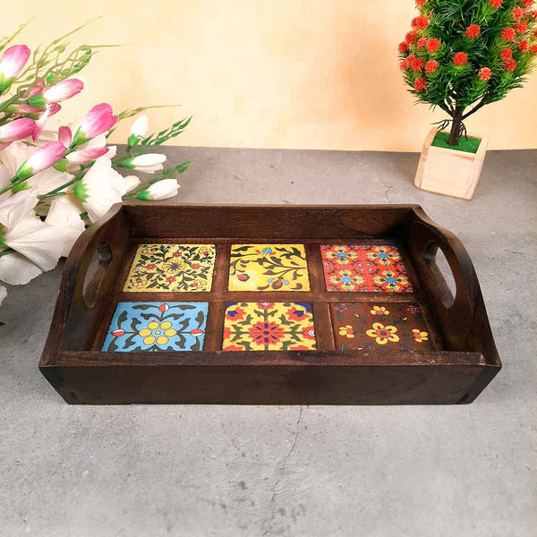 Wooden Serving Tray | Tray with In-Built Ceramic Coasters - 12 Inch - Apkamart