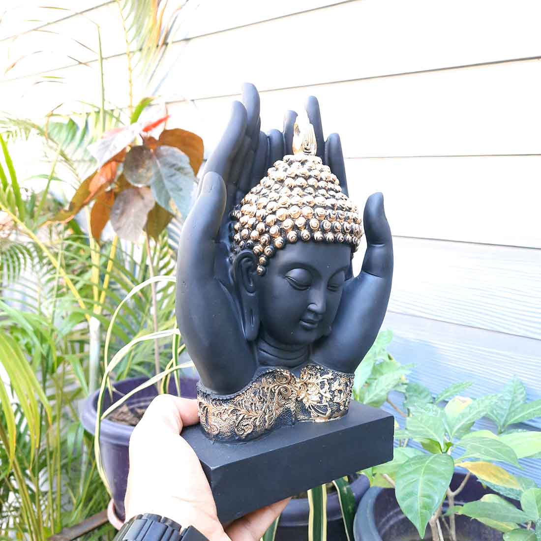 Buddha Head Showpiece - Palm Buddha Statue - 26 Inch #color_Black