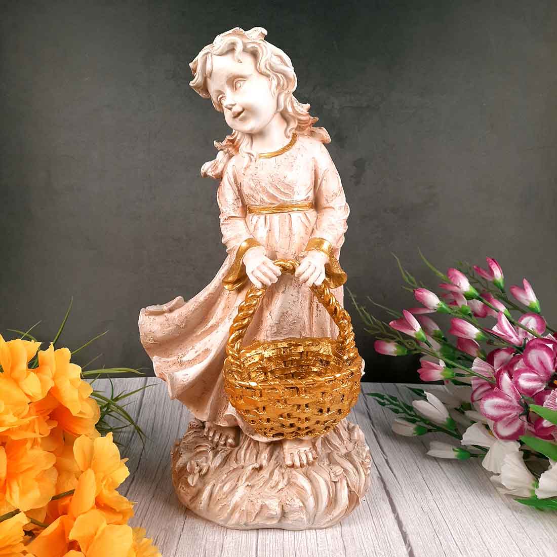 Girl With Basket Showpiece | White Lady Figurine - For Table Decor & Living Room - 17 inch