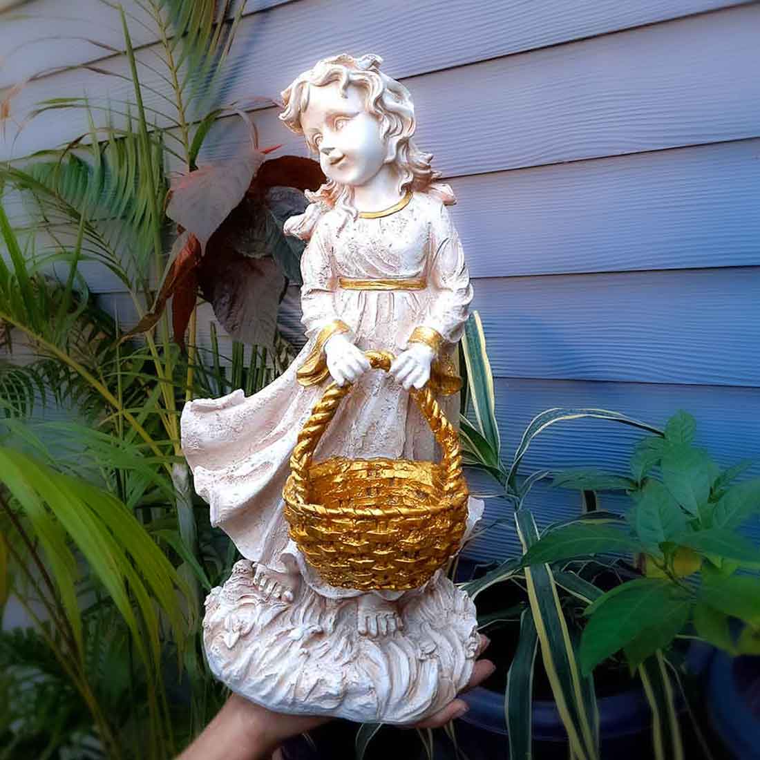 Girl With Basket Showpiece | White Lady Figurine - For Table Decor & Living Room - 17 inch