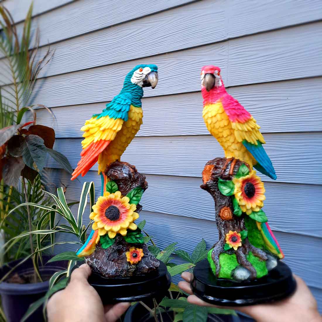 Cute Parrot Pair Showpiece - For Table, Living Room, Garden Decor & Gifts - 13 Inch - Apkamart #Color_Light Blue-Pink