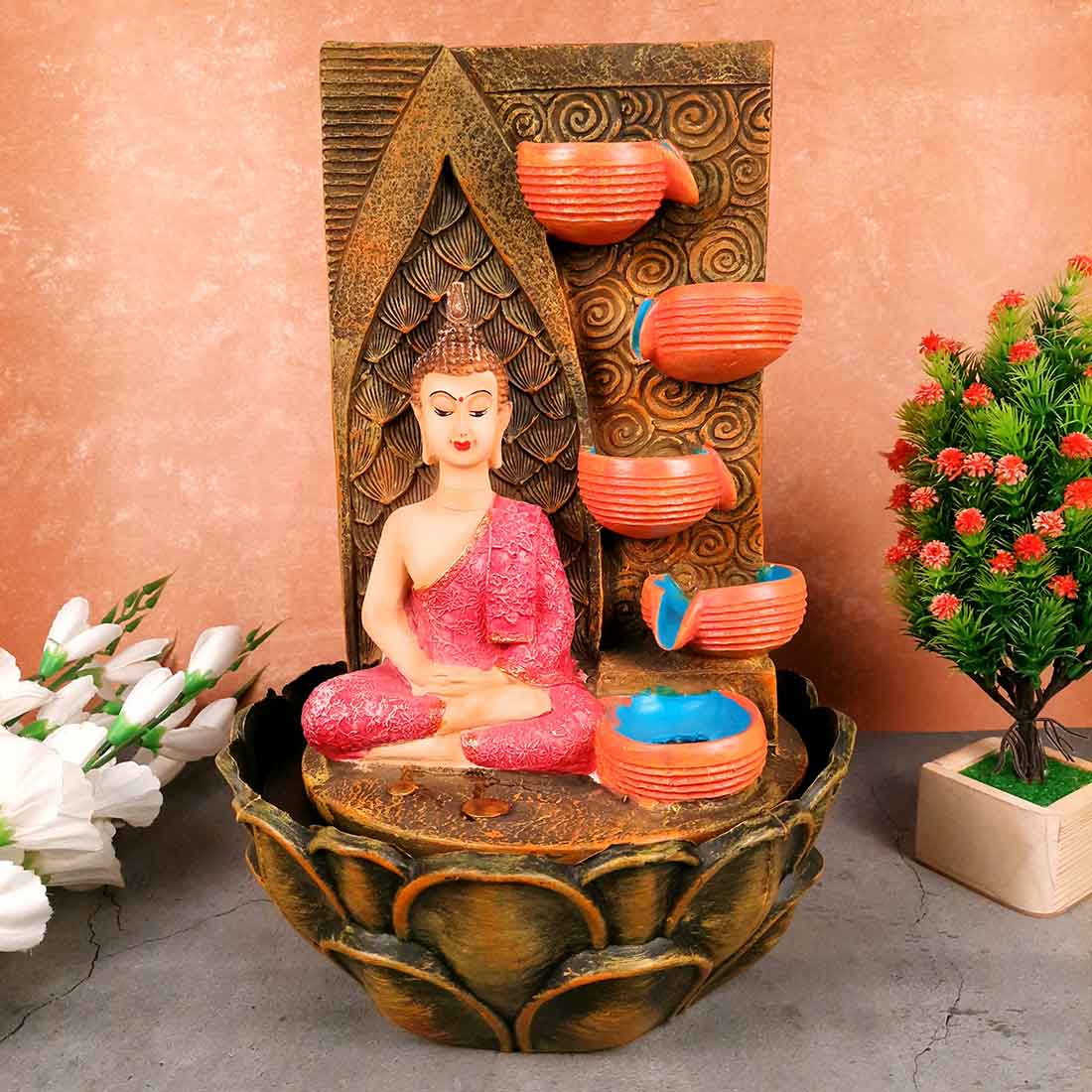 Water Fountain with Buddha Statue - For Living Room, Table Decor, Office & Home Decoration Gifts - 15 inch - Apkamart