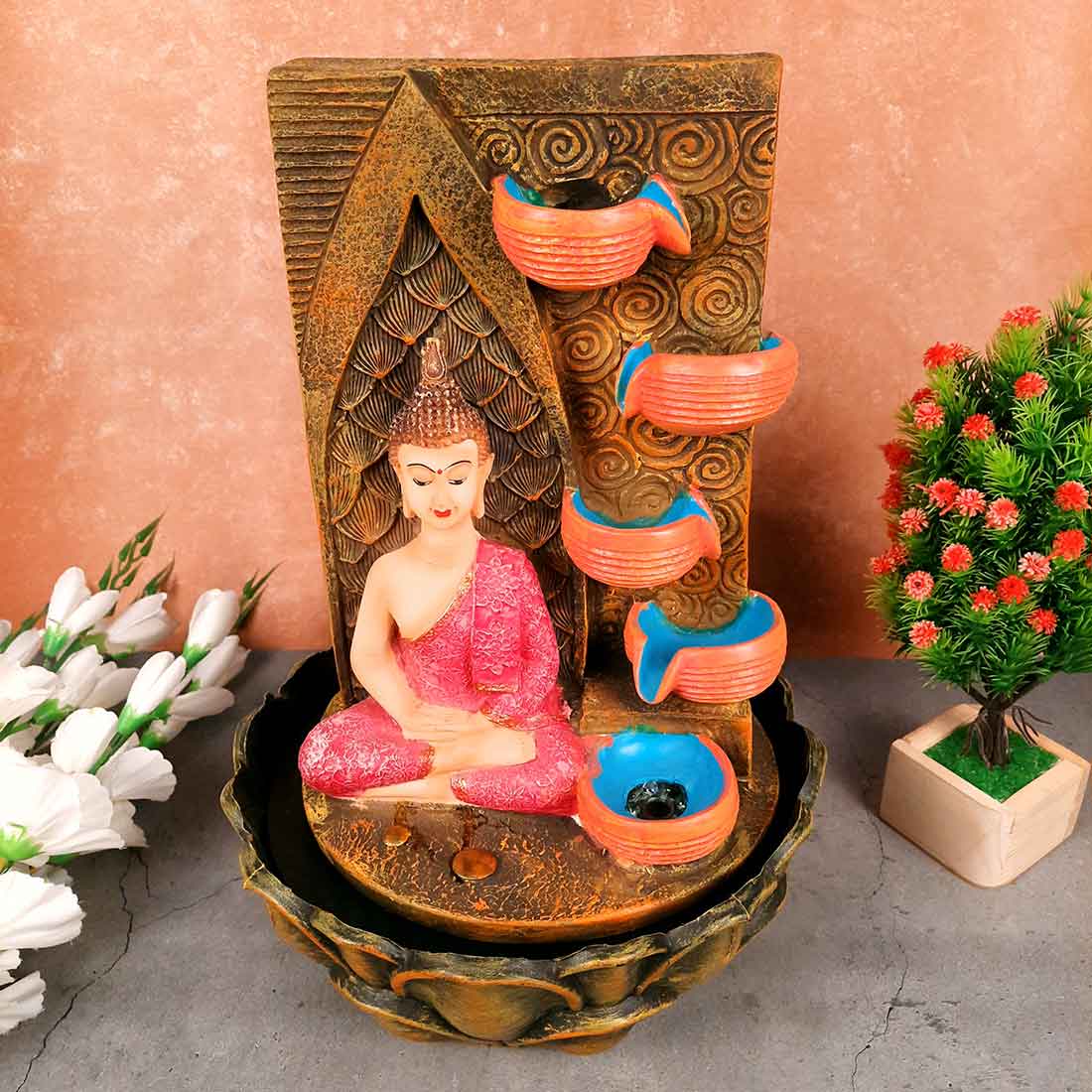 Water Fountain with Buddha Statue - For Living Room, Table Decor, Office & Home Decoration Gifts - 15 inch - Apkamart