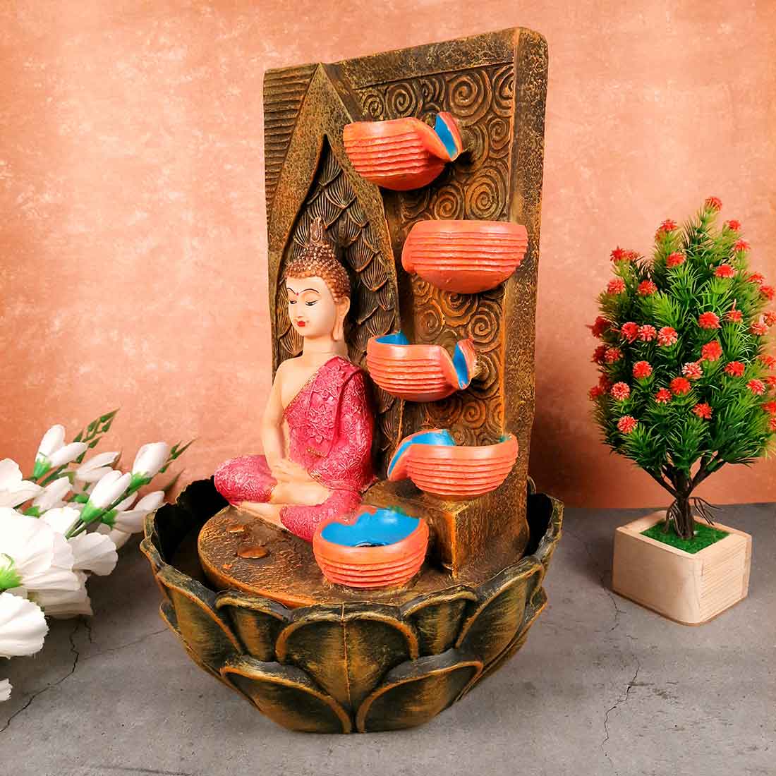 Water Fountain with Buddha Statue - For Living Room, Table Decor, Office & Home Decoration Gifts - 15 inch - Apkamart