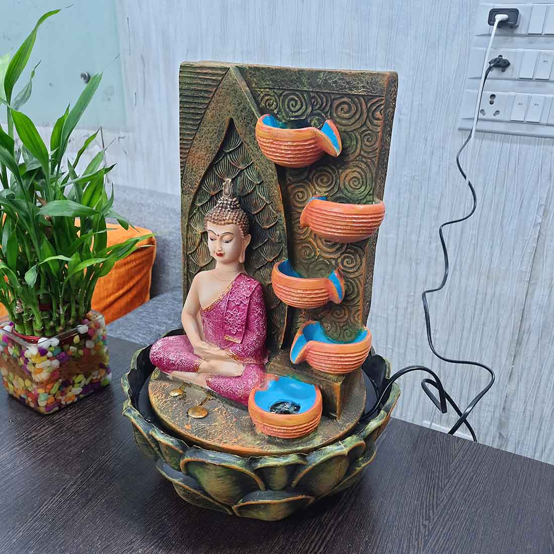 Water Fountain with Buddha Statue - For Living Room, Table Decor, Office & Home Decoration Gifts - 15 inch - Apkamart