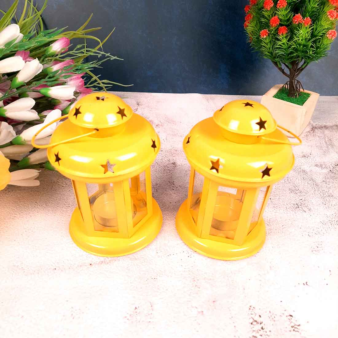 Decorative Hanging Lantern Tealight Holder | Lalten Wall Hanging - for Home Decor, Living Room & Wall Decor - Set of 2- 8 Inch- Apkamart #Color_Yellow