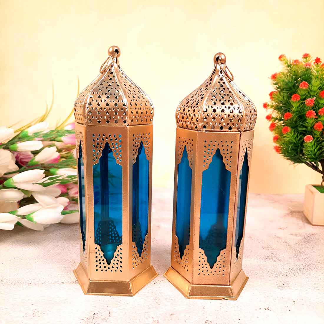 Lantern Tea Light Candle Holder | Moroccan Lantern Glass Lamp - For Home Decoration & Party Decor - 10 Inch - Apkamart #Style_Pack of 2