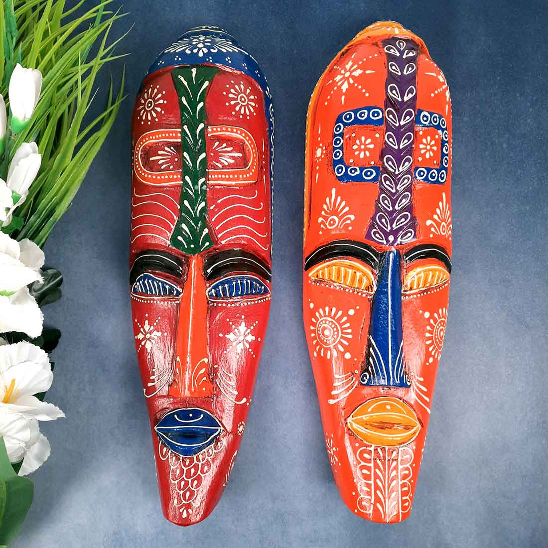 African Safari Masks | Decorative Wooden Masks - For Ethnic Wall & Home Decor (Pack of 2) - 18 Inch - Apkamart #Style_ Style 3