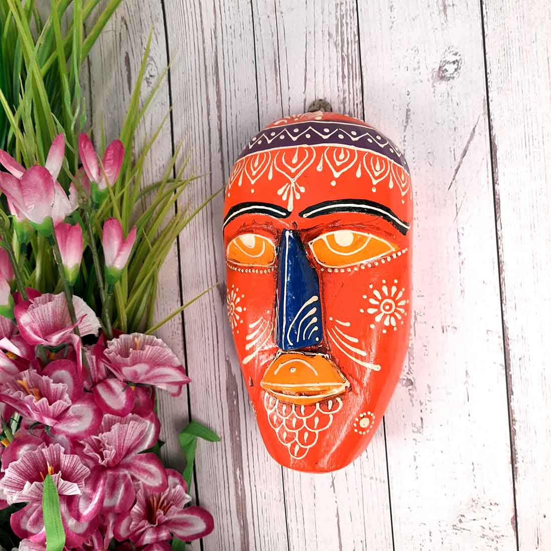Wooden Tribal Masks Wall Hanging - for Living Room Wall Decor & Home Interiors - 9 inch - Apkamart #color_orange