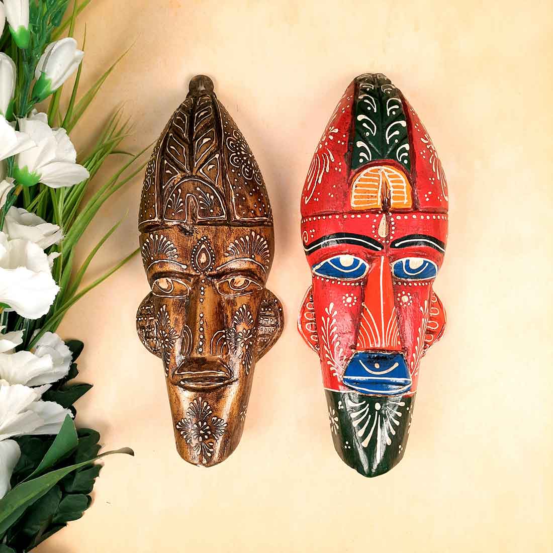 Wooden Tribal Masks Wall Hanging | Rustic Wall Decor Mask - For Home Entrance, Wall Decor & Gifts (Pack of 2) 12 Inch - Apkamart #Style_Style 1