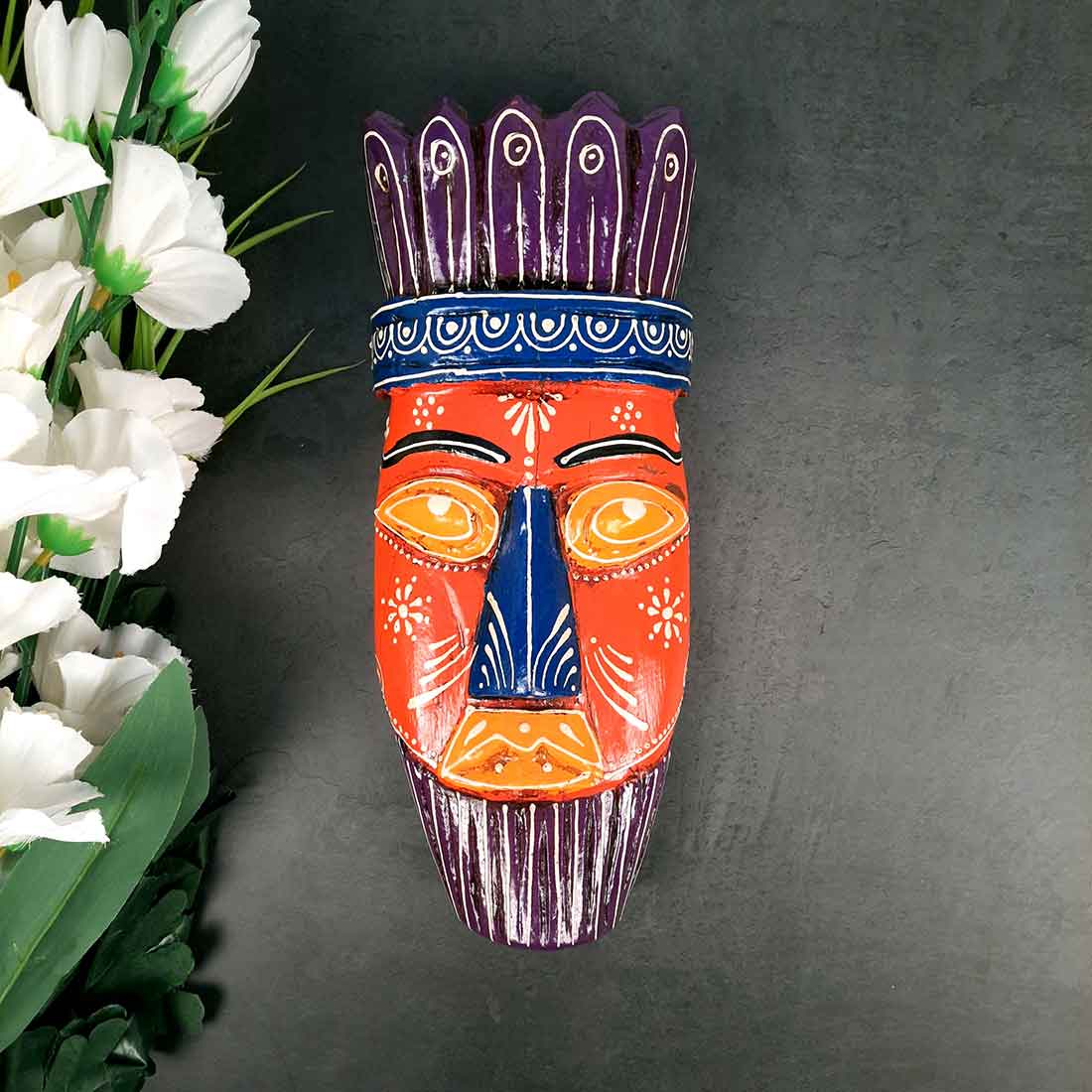Ethnic Wall Masks | Wooden Mask Wall Hanging - for Living Room & Home Decor - 12 Inch #color_orange