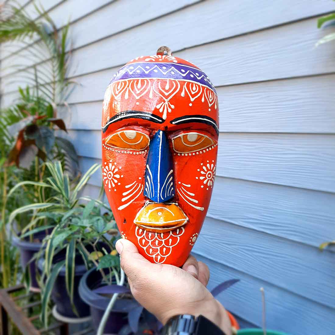 Wooden Tribal Masks Wall Hanging - for Living Room Wall Decor & Home Interiors - 9 inch - Apkamart #color_orange