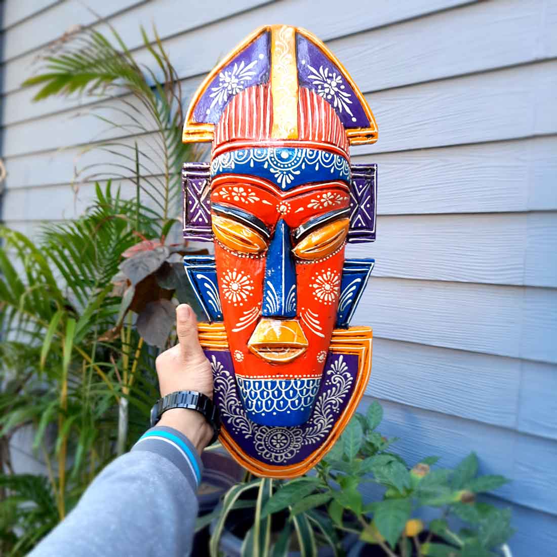 Tribal Mask Wall Hanging - For Wall Décor & Home Decoration - 20 Inch - ApkaMart #color_Orange