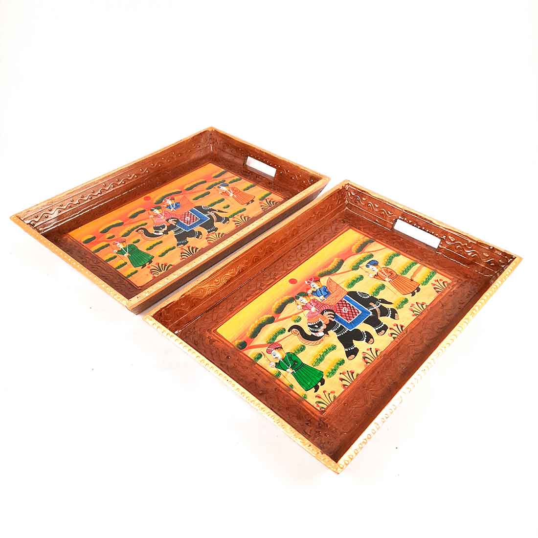 Serving Wooden Tray | Decorative Tray - for Kitchen, Serving & Gifting - 13 Inch - Apkamart#Style_Pack of 2