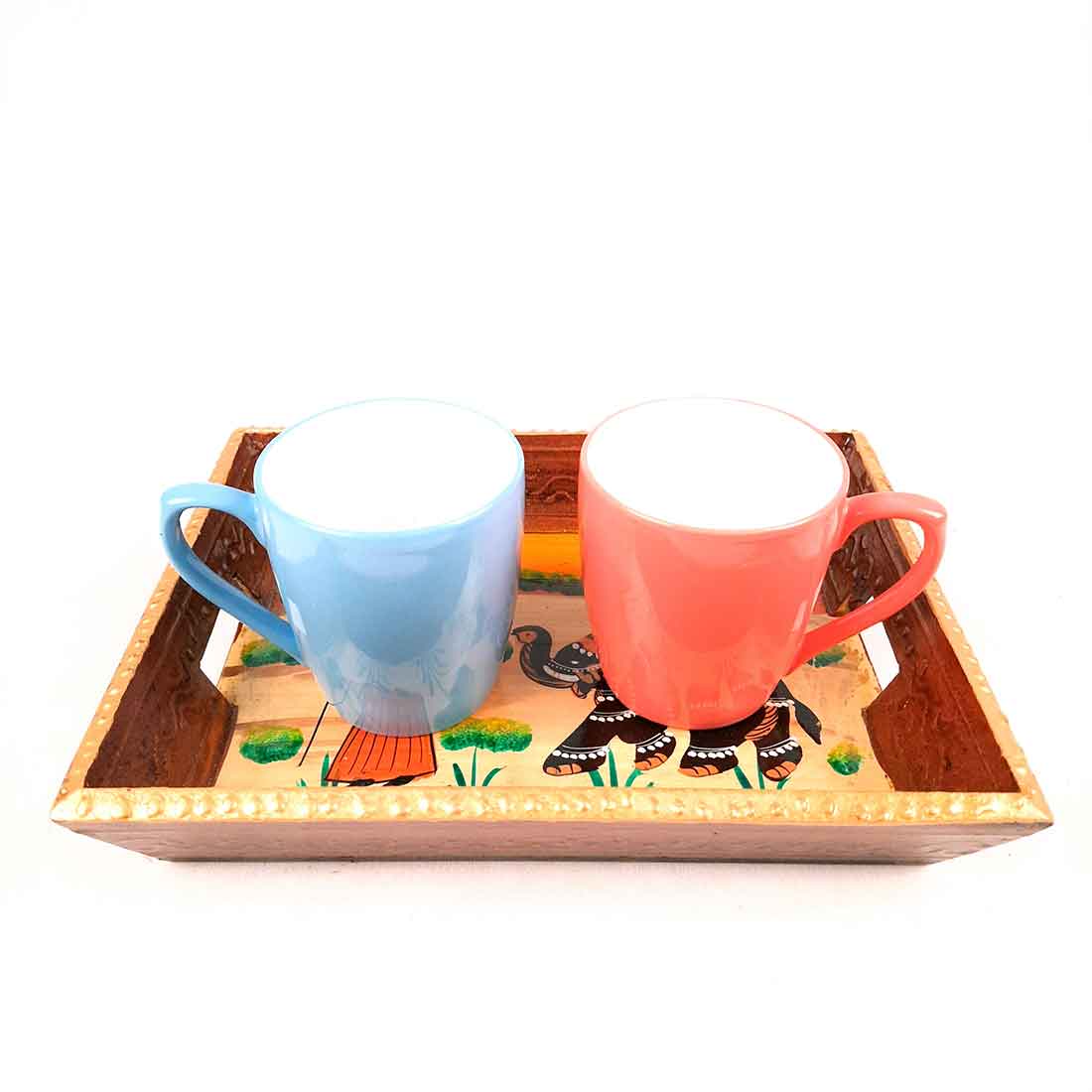 Decorative Tray | Wooden Serving Tray - For Tea & Snack Serving and Organising - 9 Inch - Apkamart#Style_Pack of 2