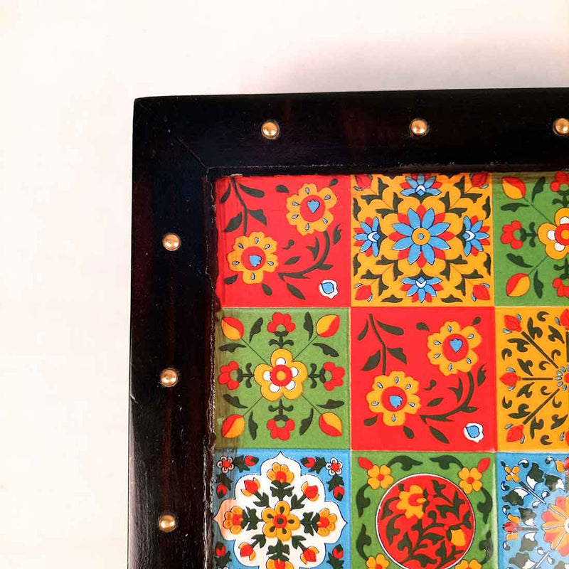 Wooden Chowki with Ceramic Tiles - For Pooja, Sitting & Home Decor - Apkamart