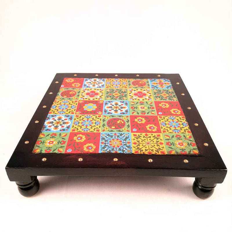 Wooden Chowki with Ceramic Tiles - For Pooja, Sitting & Home Decor - Apkamart