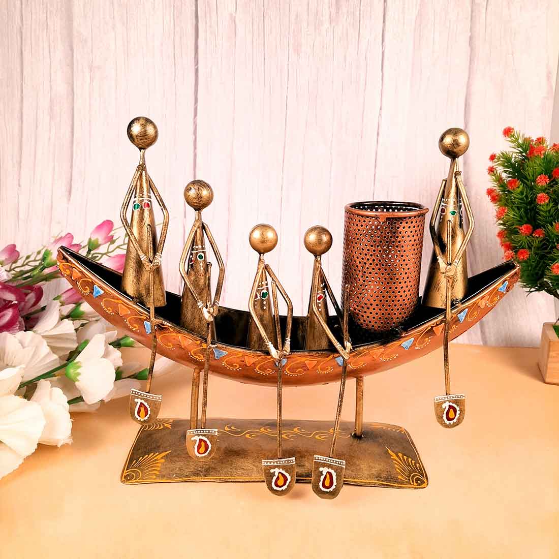 Showpiece Pen Holder | Desk Organizer - Boat Design - For Table Decor -15 Inch - ApkaMart#Color_Gold