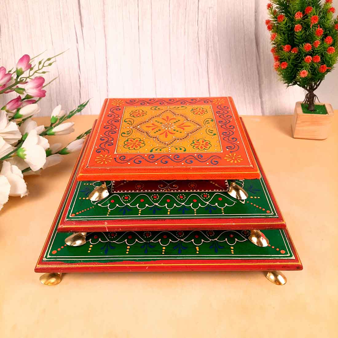 Wooden Pooja Bajot - Decorative Choki For Pooja & Festivals - 8,10 & 12 Inch- Set of 3 - Apkamart#color_Multicolor