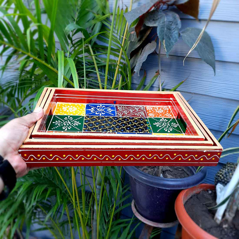 Wooden Serving Tray Set | Tea & Snack Serving Tray - For Serving & Table Decor -Apkamart