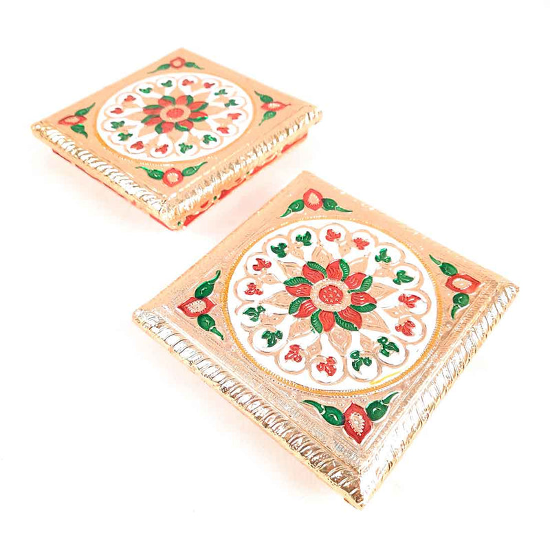 Pooja Chowki Bajot | Minakari Chauki Set - For Pooja, Festivals & Return Gifts (Pack of 2) 6 Inch - Apkamart