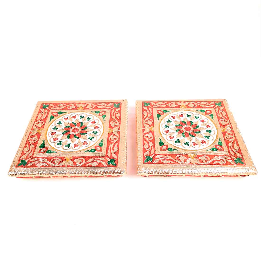 Pooja Chowki Bajot | Minakari Chauki Set - For Pooja, Weddings & Festivals (Pack of 2) - 8 Inch - Apkamart #Style_Design 1