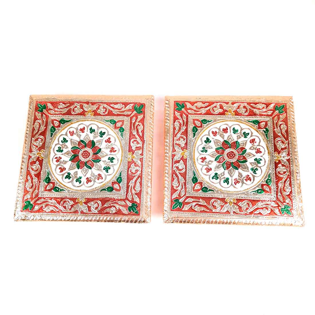 Pooja Chowki Bajot | Minakari Chauki Set - For Pooja, Weddings & Festivals (Pack of 2) - 8 Inch - Apkamart #Style_Design 1