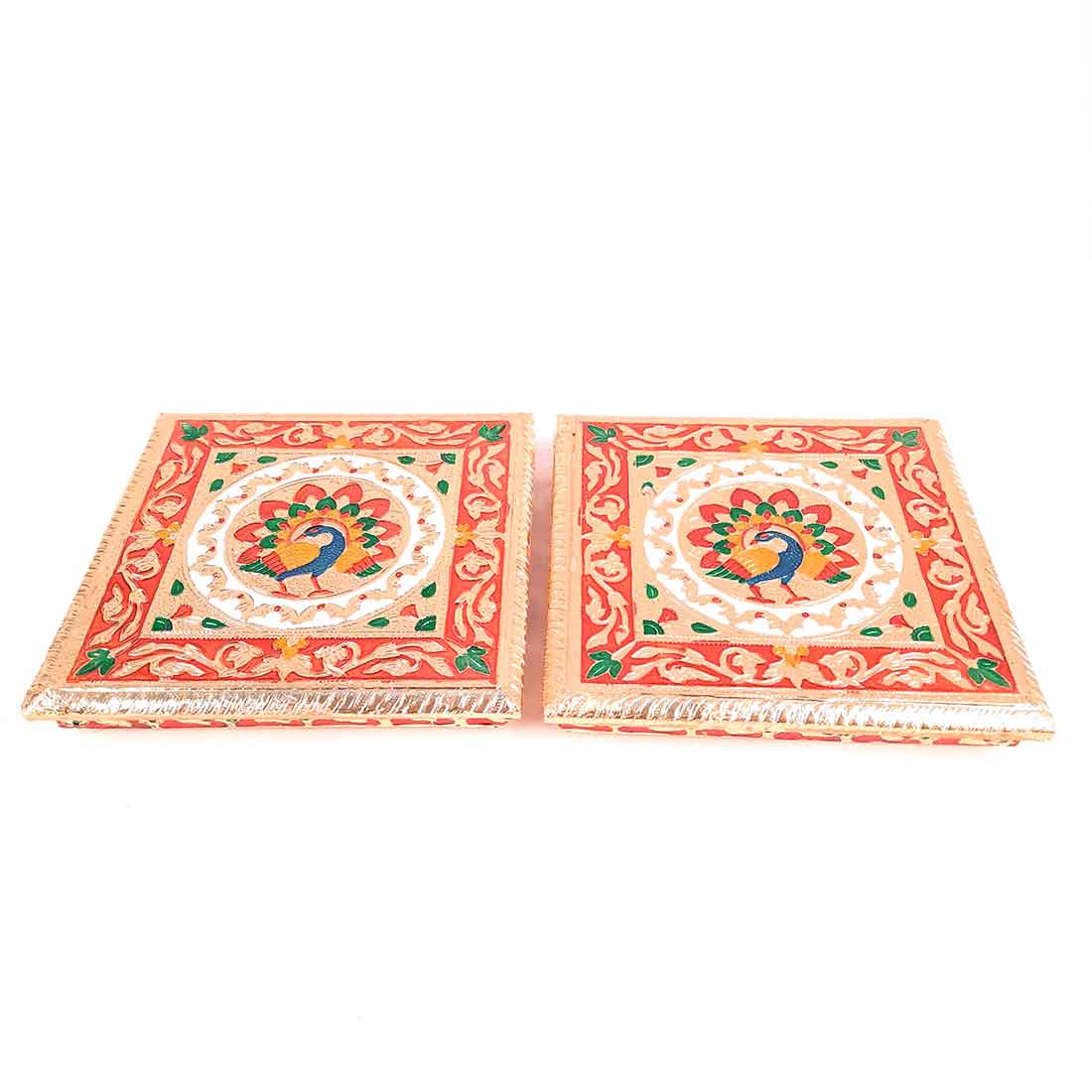 Pooja Chowki Bajot | Minakari Chauki Set - For Pooja, Weddings & Festivals (Pack of 2) - 8 Inch - Apkamart #Style_Design 2