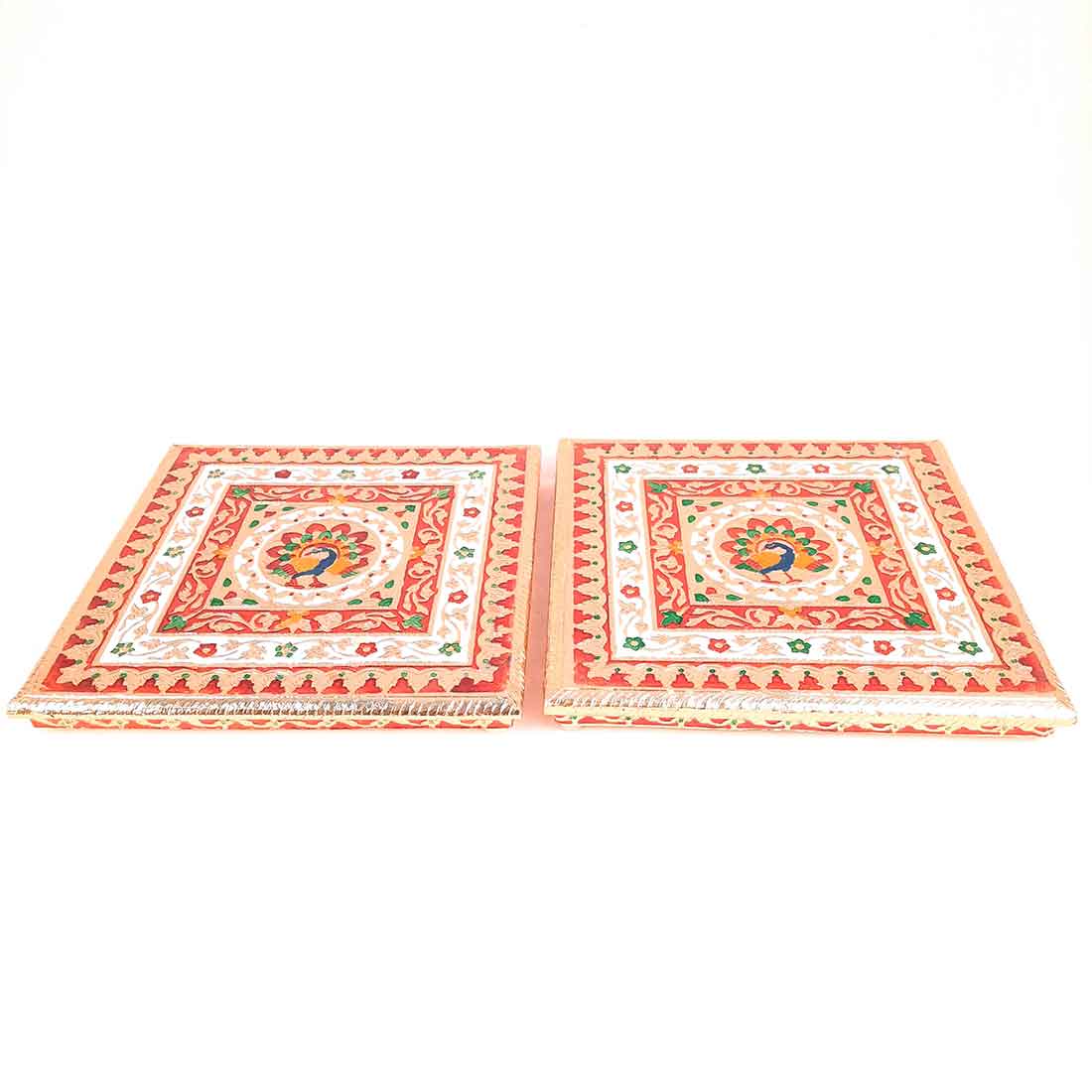 Pooja Chowki Bajot | Minakari Chauki Set - For Pooja, Weddings & Festivals (Pack of 2) 12 Inch - Apkamart #Style_Design 2