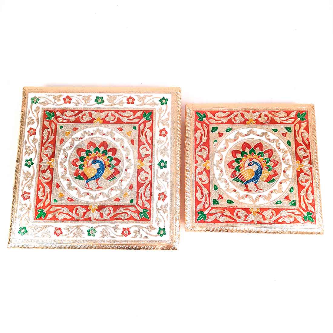 Puja Choki | Minakari Chowki Set | Decorative Bajot - For Pooja & Festivals - Set of 2 (8 Inch , 10 Inch) - ApkaMart #Style_Design 2