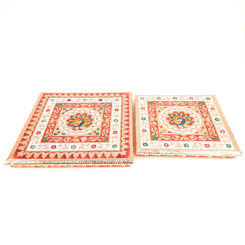 Wooden Pooja Bajot - Minakari Chauki Set - For Pooja, Weddings & Festivals -Set of 2 (10 Inch & 12 Inch) - ApkaMart