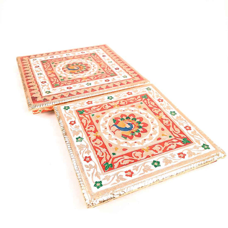 Wooden Pooja Bajot - Minakari Chauki Set - For Pooja, Weddings & Festivals -Set of 2 (10 Inch & 12 Inch) - ApkaMart