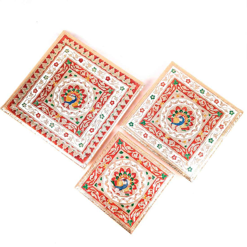 Minakari Pooja Chowki - Wooden Bajot - For Pooja & Festivals - Set of 3 - ApkaMart