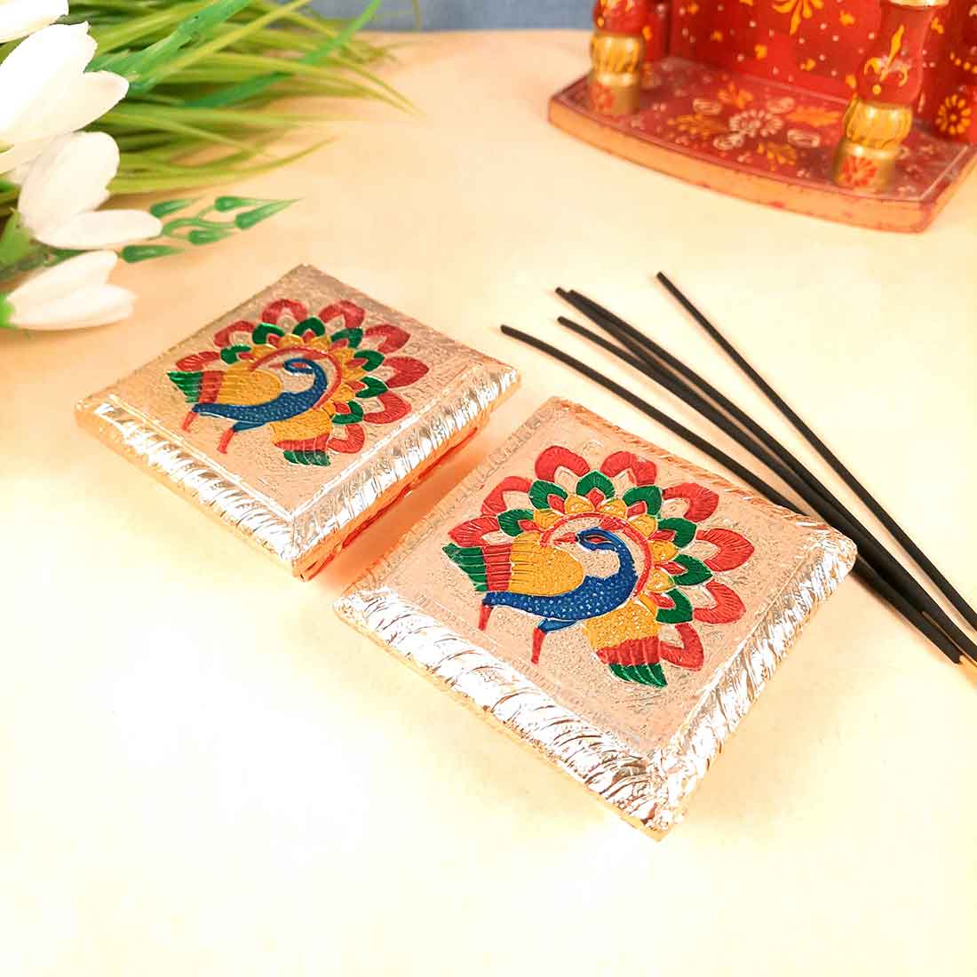 Pooja Chowki Bajot | Minakari Chauki Set - For Pooja, Festivals & Return Gifts (Pack of 2) 4 Inch - Apkamart #Style_Design 2