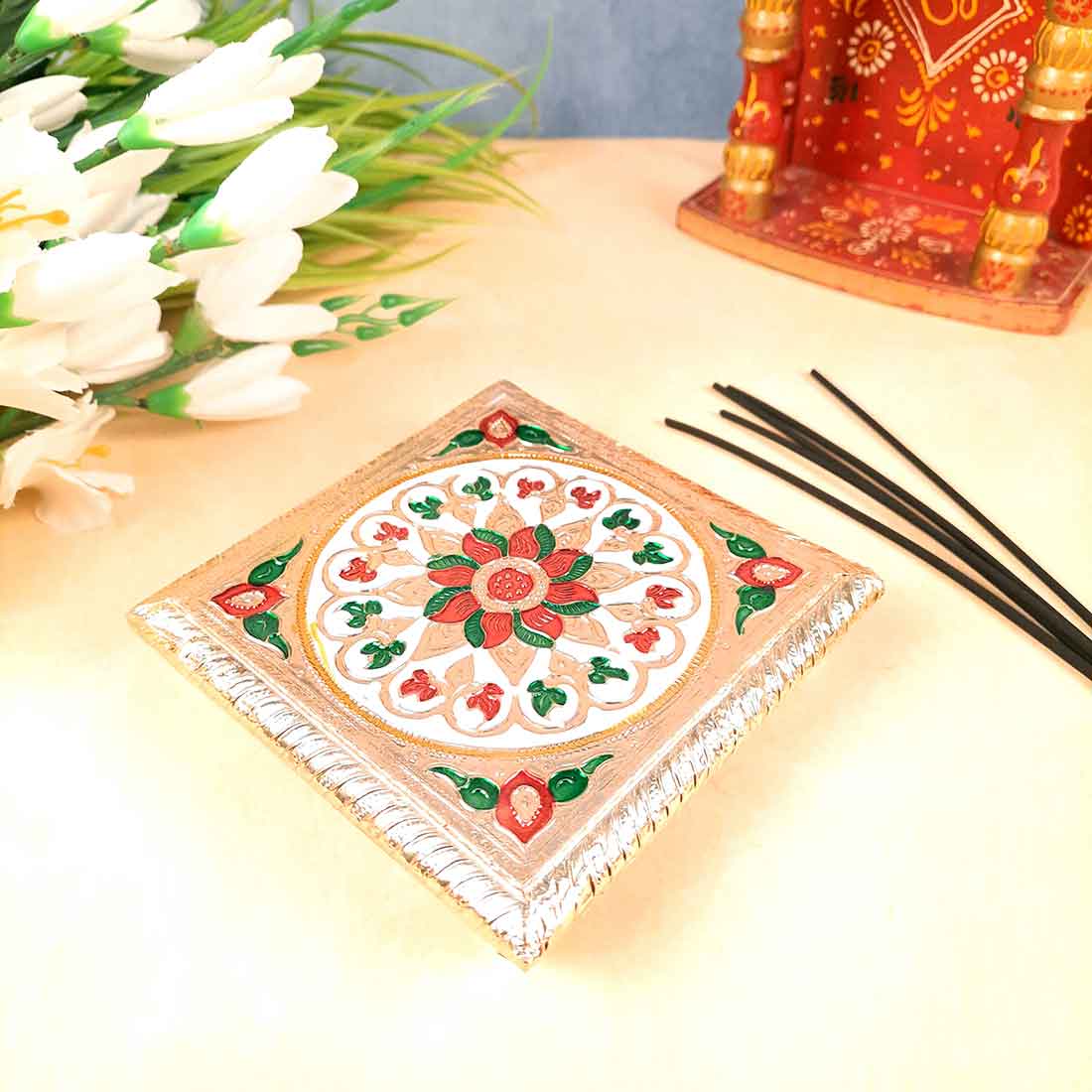 Minakari Chowki Bajot - For Puja Decoration & Gifts - 6 Inch - ApkaMart #Style_Design 2