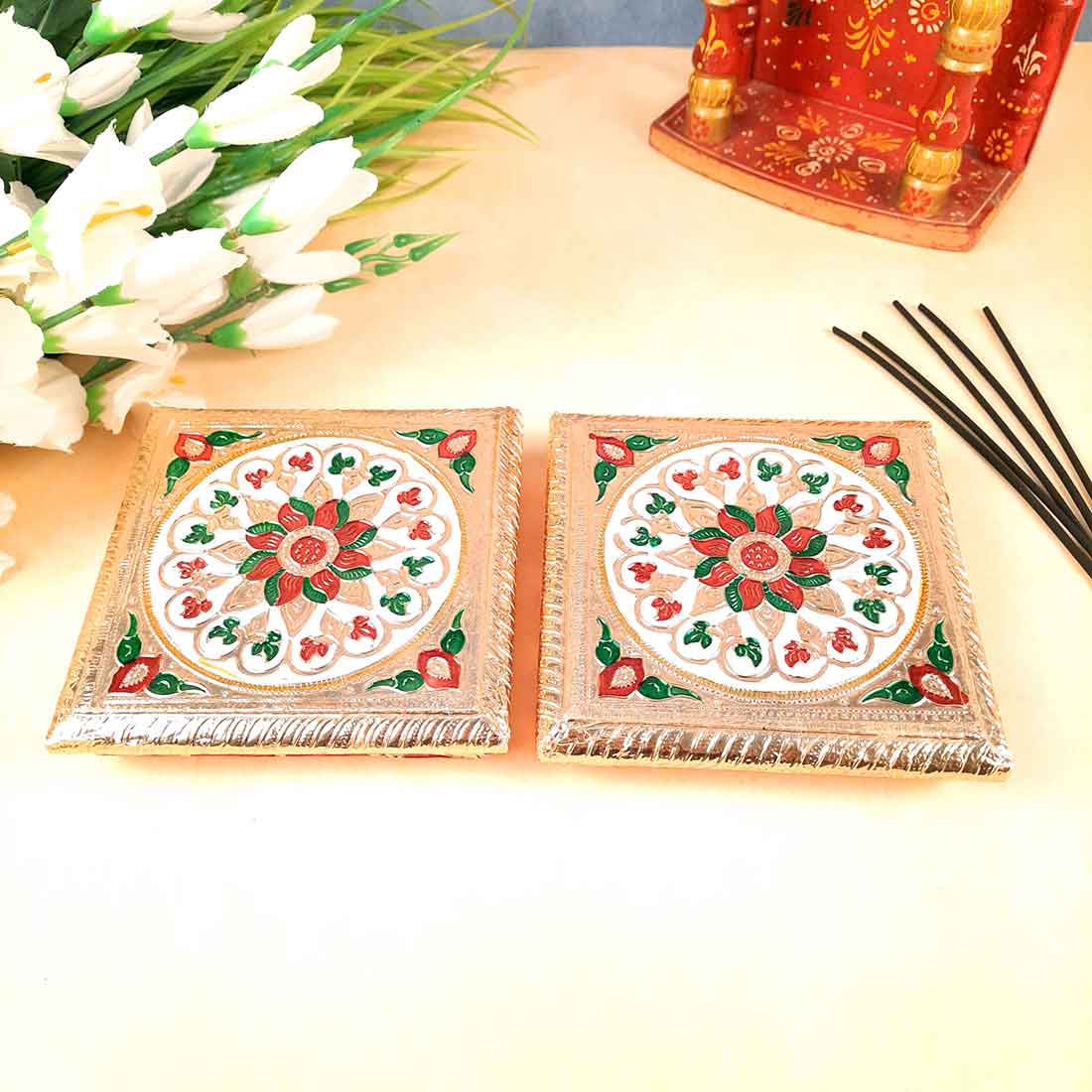 Pooja Chowki Bajot | Minakari Chauki Set - For Pooja, Festivals & Return Gifts (Pack of 2) 6 Inch - Apkamart #Style_Design 1