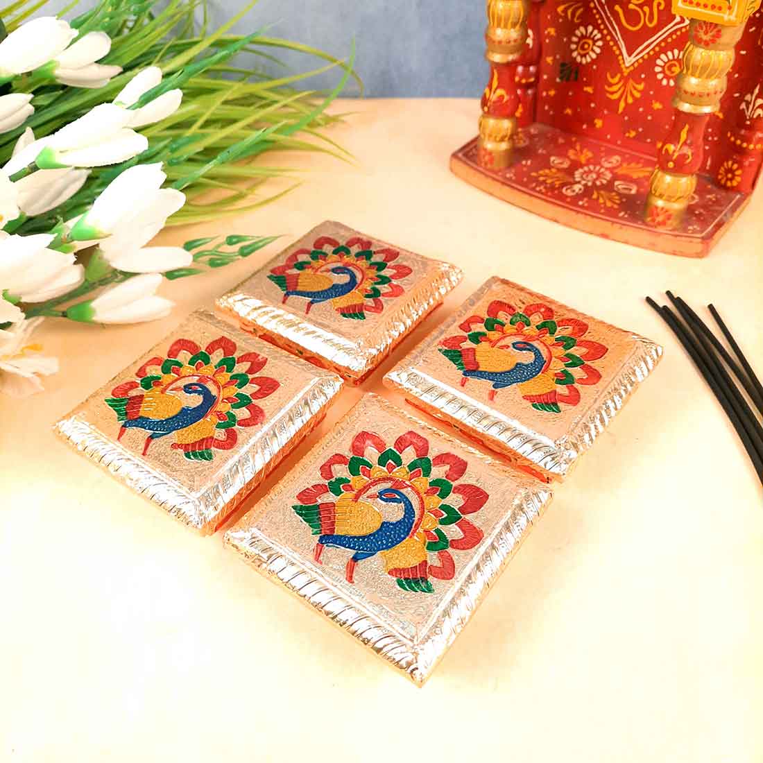 Pooja Chowki Bajot | Minakari Chauki Set - For Pooja, Festivals & Return Gifts - 4 Inch (Pack of 4) -Apkamart #Style_Design 2