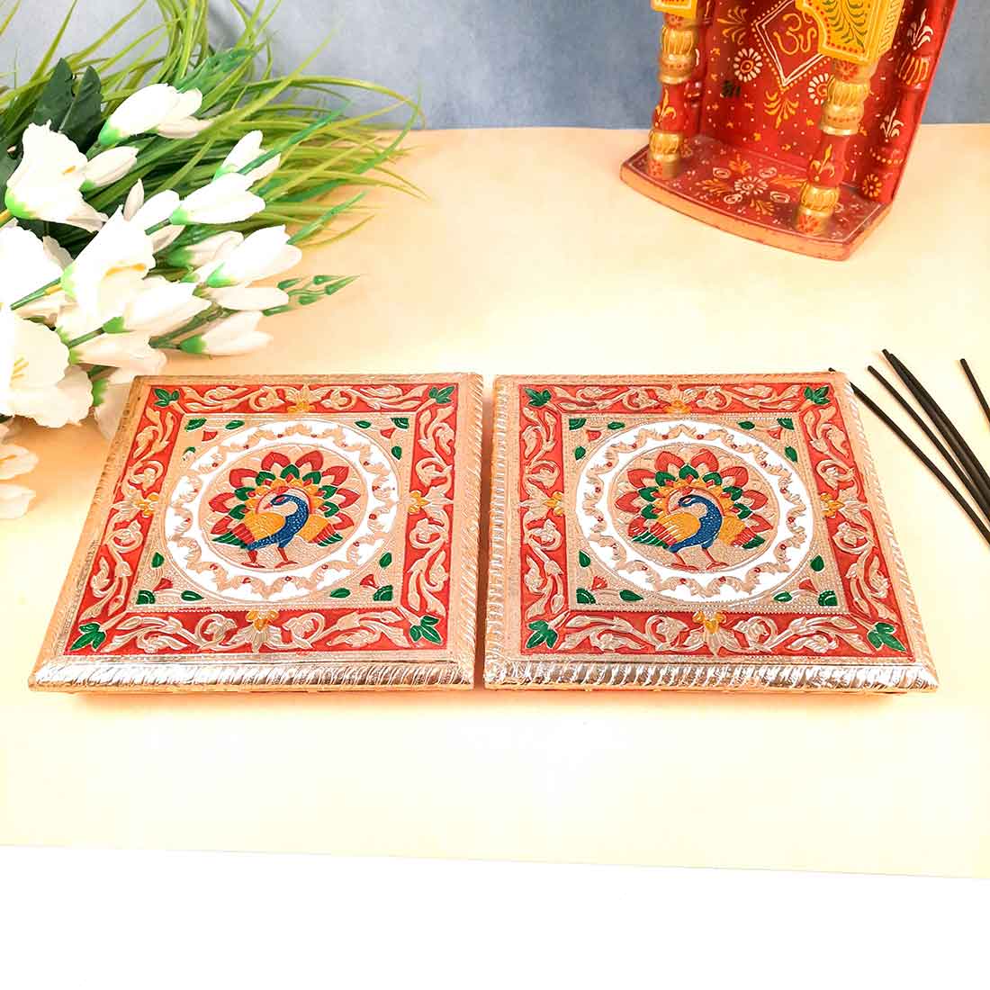 Pooja Chowki Bajot | Minakari Chauki Set - For Pooja, Weddings & Festivals (Pack of 2) - 8 Inch - Apkamart #Style_Design 2