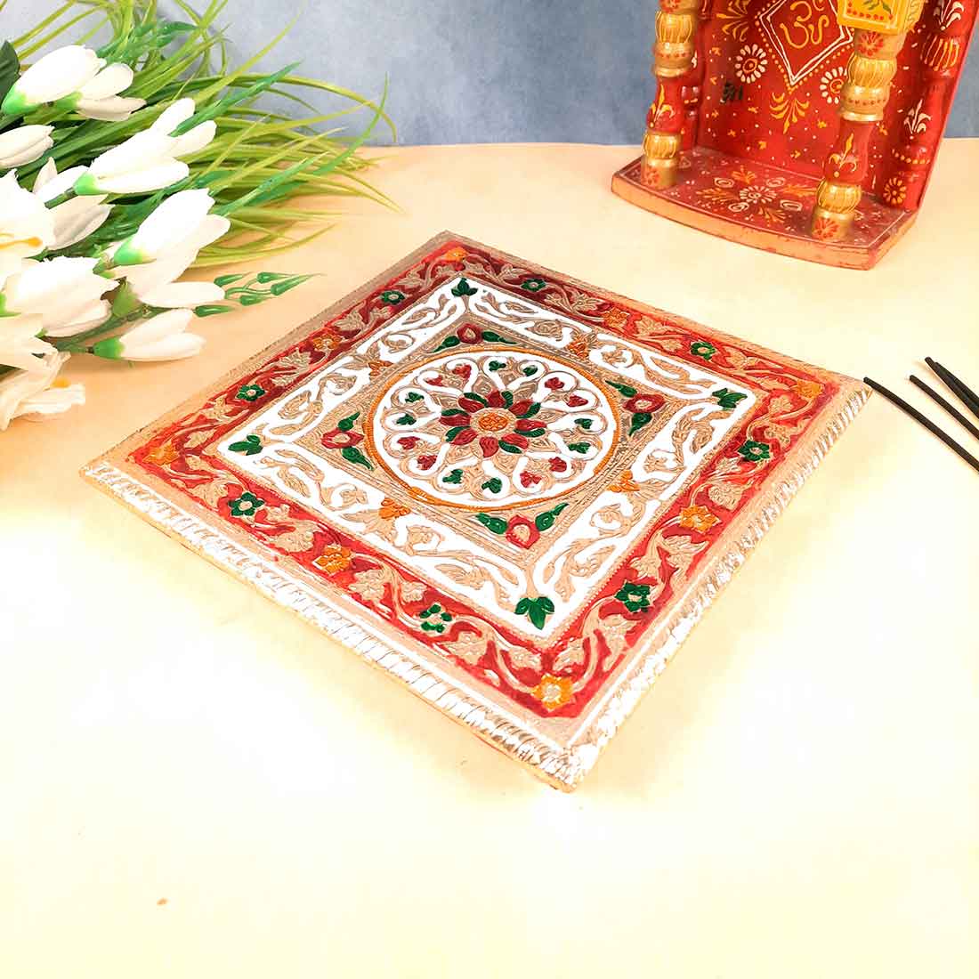 Minakari Pooja Chowki Bajot - For Puja Decoration & Gifts -10 Inch - ApkaMart #Style_Design 2