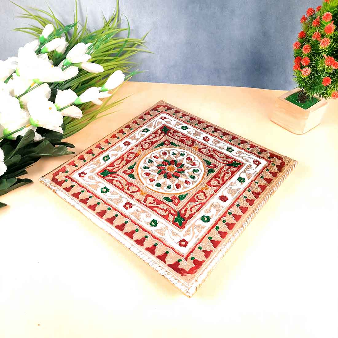 Puja Chowki Set | Wooden Bajot Minakari Design - For Pooja, Festival, Ceremonies & Home Decor (Pack of 4) 6, 8, 10, 12 Inch