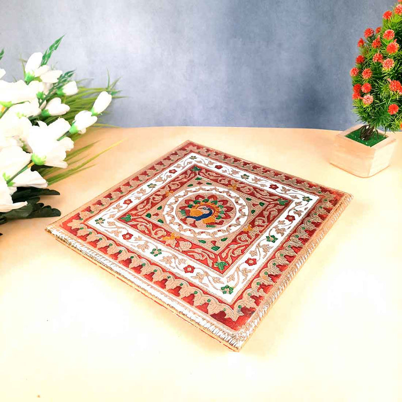 Wooden Pooja Bajot - Minakari Chauki Set - For Pooja, Weddings & Festivals -Set of 2 (10 Inch & 12 Inch) - ApkaMart