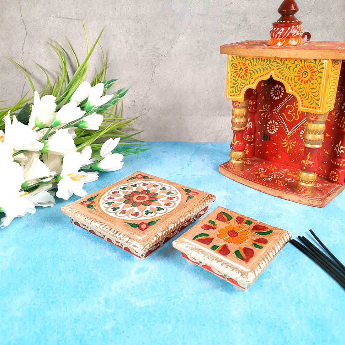 Pooja Chowki Bajot | Wooden Chowki Set - For Diwali Pooja, Festivals & Home Décor - 4, 6 Inch - Apkamart #Style_Design 1