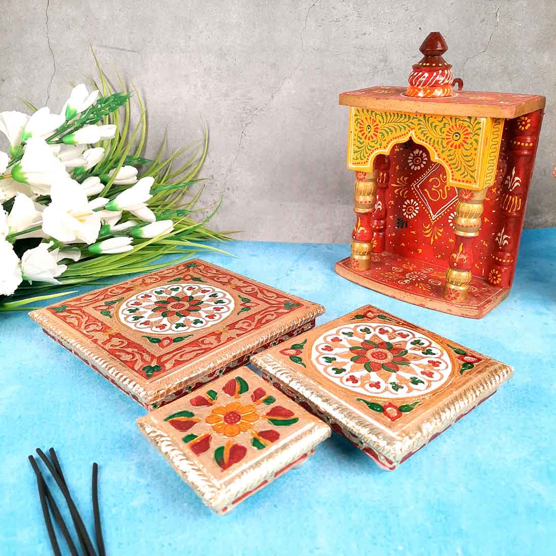 Puja Chowki - 4,6,8 Inch - Set of 3 For Pooja, Wedding & Festive Decor - ApkaMart #Style_Design 2