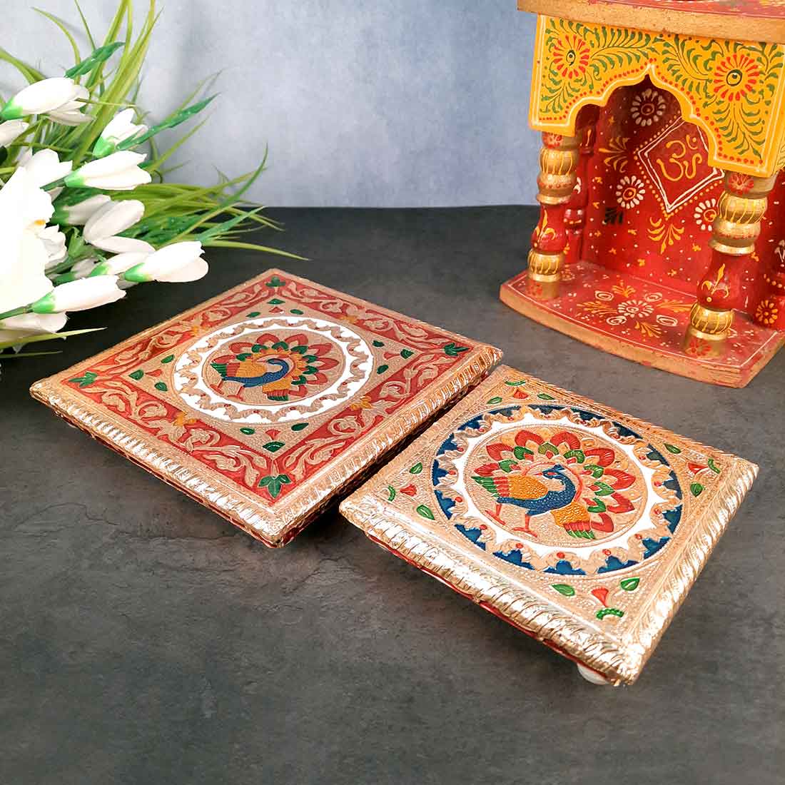 Pooja Chowki Bajot | Wooden Chowki Set - For Pooja, Festivals, Temple & Home Décor - 6, 8 Inch