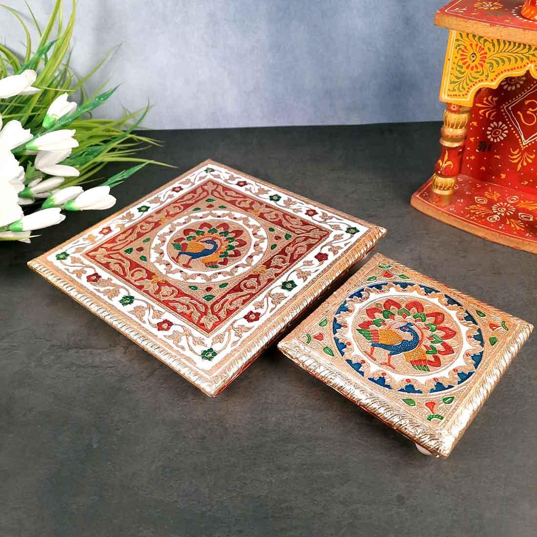 Pooja Chowki Bajot | Wooden Chowki Set - For Pooja, Festivals, Temple & Home Décor - 6, 10 Inch - Apkamart