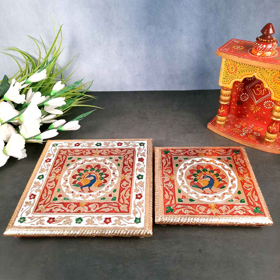 Puja Choki | Minakari Chowki Set | Decorative Bajot - For Pooja & Festivals - Set of 2 (8 Inch , 10 Inch) - ApkaMart #Style_Design 2