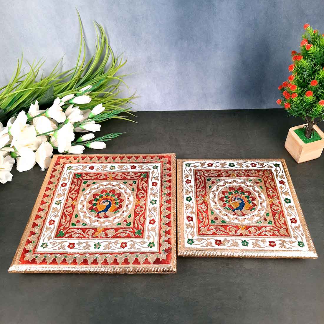 Wooden Pooja Bajot - Minakari Chauki Set - For Pooja, Weddings & Festivals -Set of 2 (10 Inch & 12 Inch) - ApkaMart #Style_Design 2